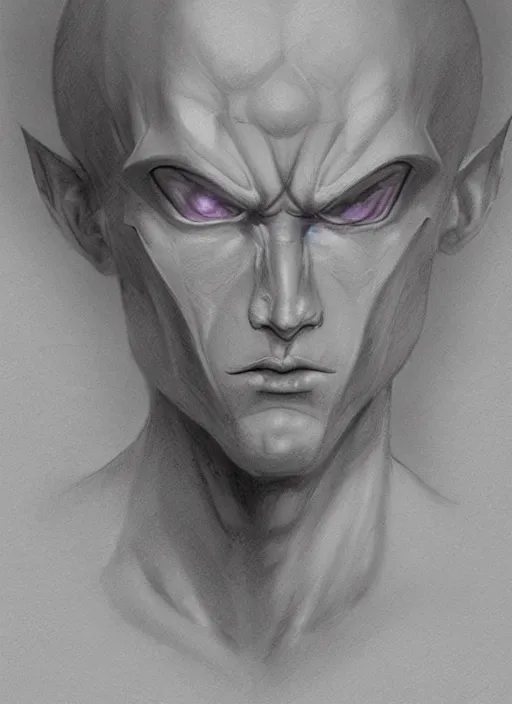 Image similar to realistic portrait pencil sketch of frieza, old mystic ruins, afternoon, intricate, elegant, highly detailed, digital painting, sharp, focus, by artgerm and greg rutkowski