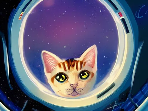 Prompt: cat in space station watching the stars trough a large window, digital painting, dramatic lighting, highly detailed, artstation, concept art