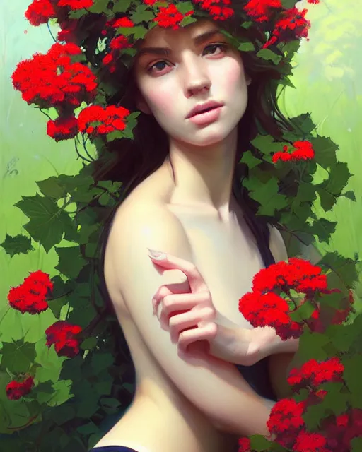 Prompt: stylized portrait of an artistic pose, composition, young lady sorrounded by nature, ivy's, flowers, realistic shaded, fine details, realistic shaded lighting poster by ilya kuvshinov, magali villeneuve, artgerm, jeremy lipkin and michael garmash and rob rey