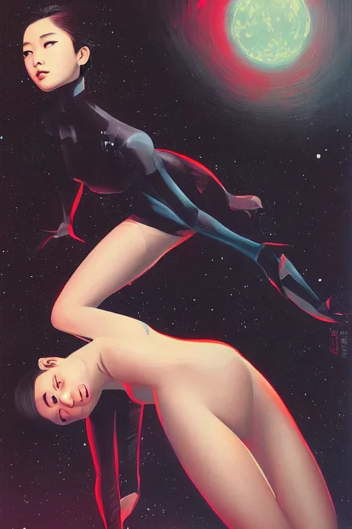 Image similar to Lee Jin-Eun by Vincent Di Fate, rule of thirds, seductive look, beautiful, in intergalactic hq