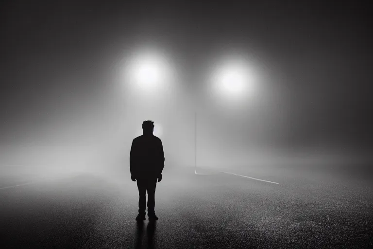 Prompt: a cinematic headshot portrait of an emotional middle aged male stood in a fog filled field, a cars headlights shines in the distance, perfectly lit face, ultra realistic, depth, beautiful lighting