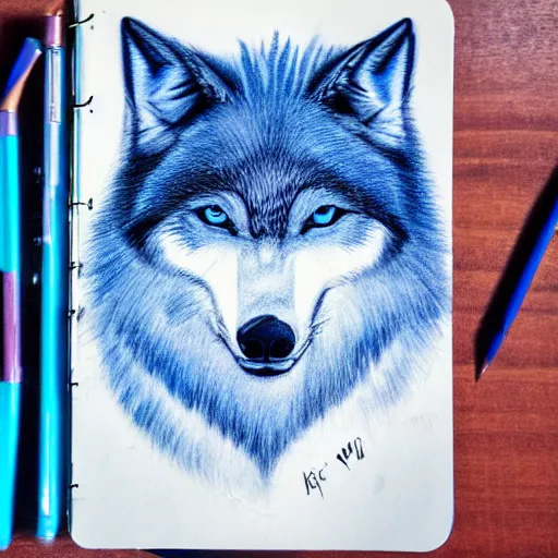 Image similar to portrait of an anthro furry fursona blue wolf with blue fur, handsome eyes, sketch doodles surrounding it, photo of notebook sketch