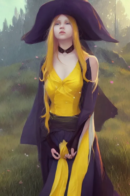 Prompt: girl wizard with long yellow hair wearing a dress, character art, by artgerm, by jeremy lipking, anime style, digital art, fantasy art, octane render, drawing, beautiful girl