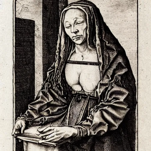 Prompt: engraving of a medieval woman by albrecht durer
