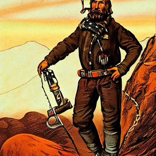 Prompt: 19th century scruffy american trapper standing atop a mountain, on mars, pulp science fiction illustration
