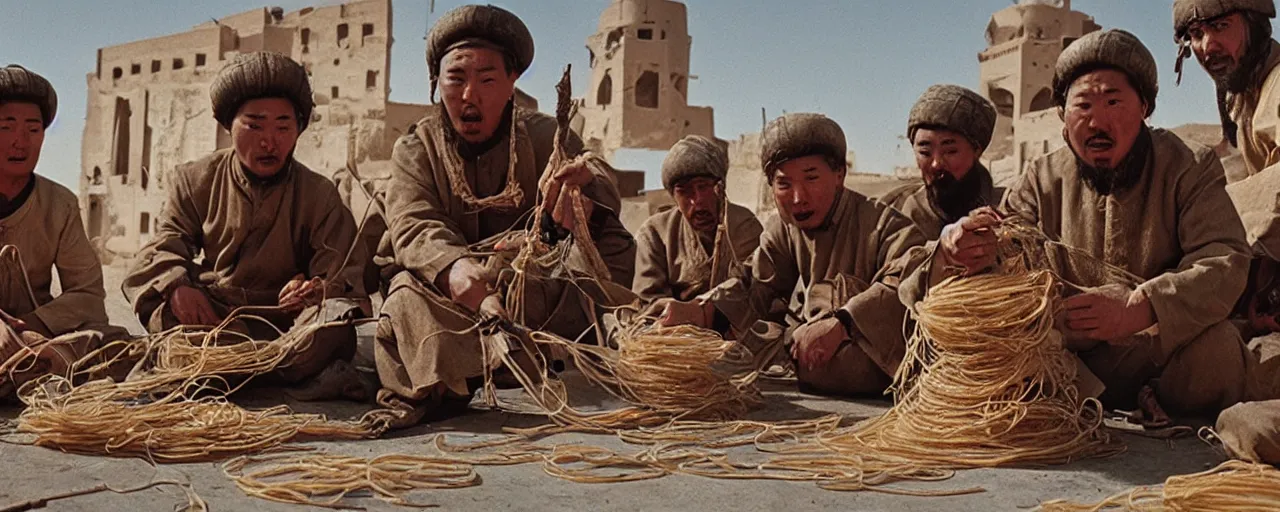 Image similar to the mongols capturing baghdad with spaghetti, small details, intricate, 5 0 mm, cinematic lighting, photography, wes anderson, film, kodachrome