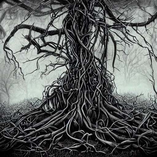Prompt: a dark and hyper detailed album cover for a christian black metal band, an evil forest and a christian cross is made from tangled roots and branches, artwork by justin bartlet