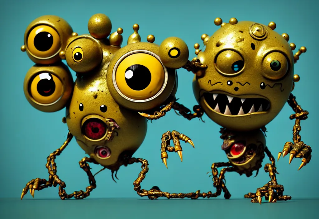 Image similar to , grotesque despair cute monster smooth paneling, one large gold eye intricate detail, style of pokemon, with damaged rusty arms, broken antenna, recycled, floating, white studio, oil, mechanical, toy, ambient light, in the style of pixar animation, pokedstudios, blender, octane render, 8 k, gediminas pranckevicius