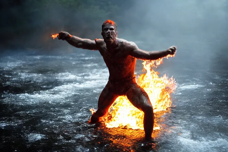 Prompt: a cinematic wide - angle photograph of a mutant made of fire walking through a river in a vast serene landscape, beautiful lighting, high depth, ultra realistic, artistic, by zack snyder and john harris