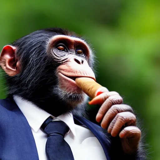 Image similar to a high detail closeup shot of a chimp wearing a suit and smoking a cigar