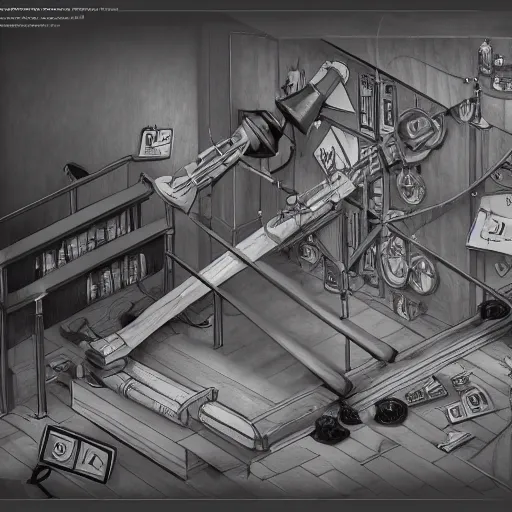 Image similar to musical rube goldberg machine, 2 d technical drawing by john howe, pixiv, deviantart, artstation, danbooru, illustration, realistic, 4 k, unreal 5 render