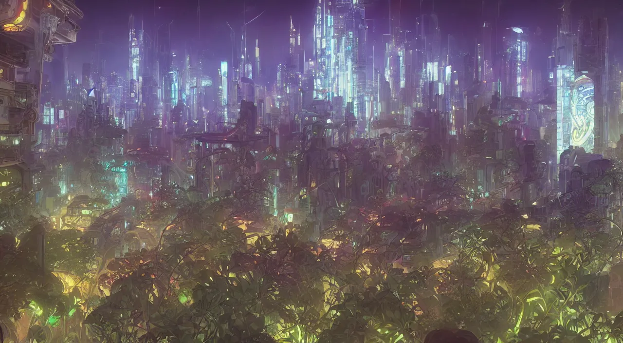 Prompt: a futuristic cityscape at night, with greenery, trees, flowers, neon lighting by Alfons Maria Mucha and Julie Dillon and Makoto Shinkai