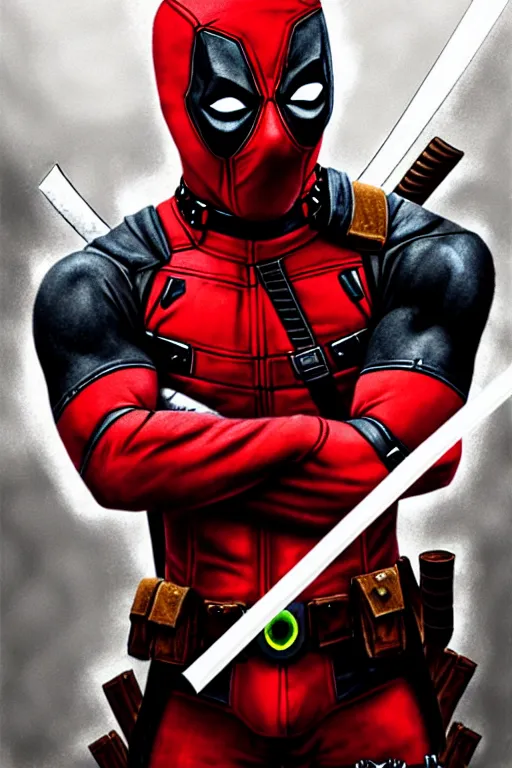 Prompt: clear portrait of deadpool slicing!! through enemies with his katana, blood, cottagecore!!, background hyper detailed, character concept, full body, dynamic pose, intricate, highly detailed, digital painting, artstation, concept art, smooth, sharp focus, illustration, art by artgerm and greg rutkowski and alphonse mucha