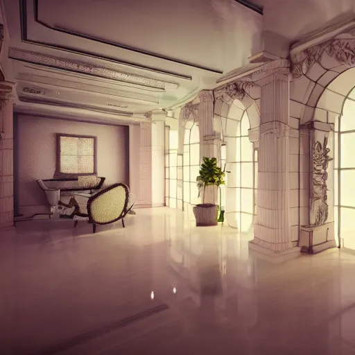 Image similar to liminal space interior of a vaporwave mansion high detail 3D rendered render in unreal engine 8K god rays volumetric lighting trending on art station