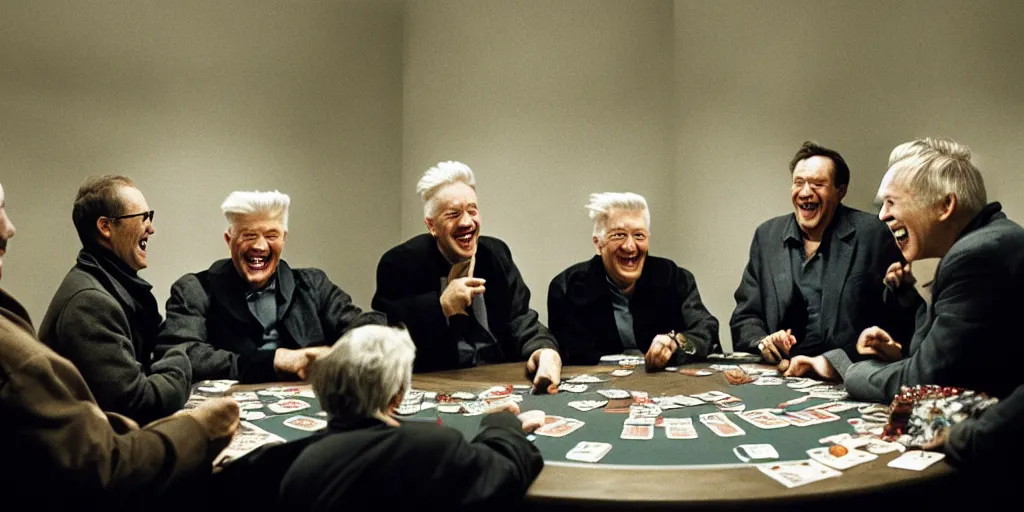 Image similar to film still of old men laughing!!!! sitting at a round table playing a card game with giant cards, directed by david lynch, backlighting, spotlight