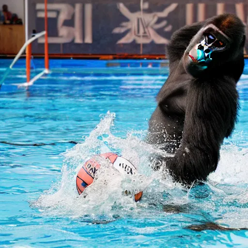 Image similar to back side photograph of a silverback gorilla throwing a ball to a water polo goalkeeper