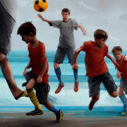 Image similar to four boys playing soccer at a beach, raining, hyper detailed, digital art, trending in artstation, cinematic lighting, studio quality, smooth render, octane rendered, concept art, sharp focus, illustration, art by artgerm and greg rutkowski and wlop