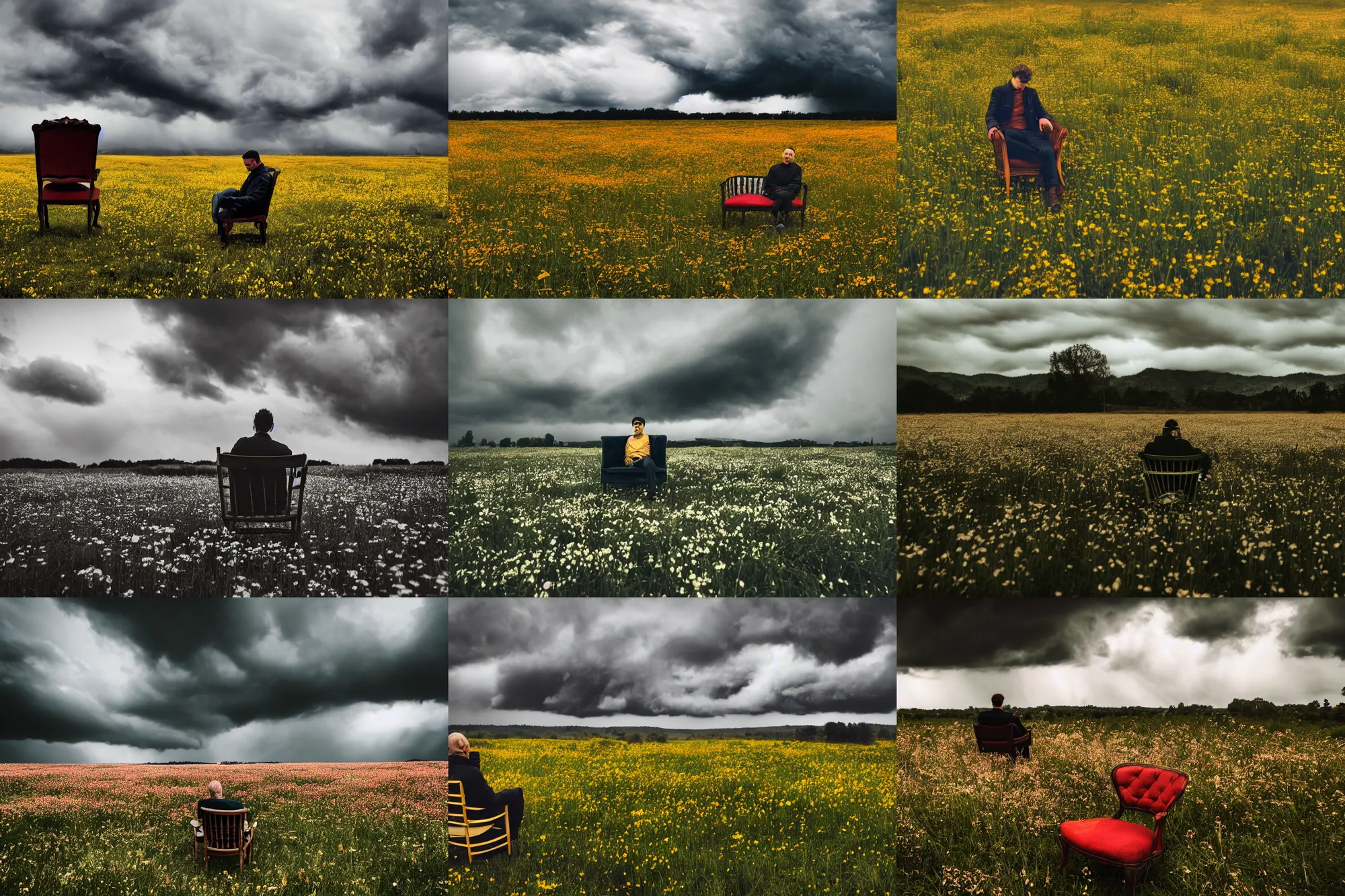 Prompt: 50mm DSLR photograph of a very moody flower meadow with moody storm clouds, ominous man sitting in a vintage chair at the center, photography, panoramic view, Hyperdetailed, photorealistic, Unsplash