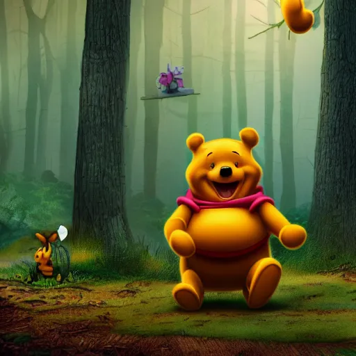 Image similar to Colored photo of winnie the pooh maniacally laughing with big sharpy teeths with bright red glowing eyes at night forest, ultra detailed, 4k