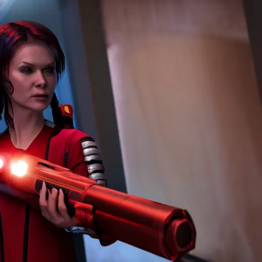 Prompt: Jess bush as nurse chapel from Star Trek: strange new worlds holding a gun after a fight in night city, cyberpunk, 8k ultra realistic, award winning, unreal engine 5, masterpiece