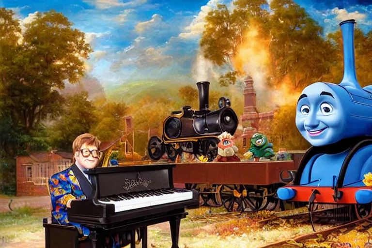 Image similar to elton john playing a piano on top of thomas the tank engine, an oil painting by ross tran and thomas kincade