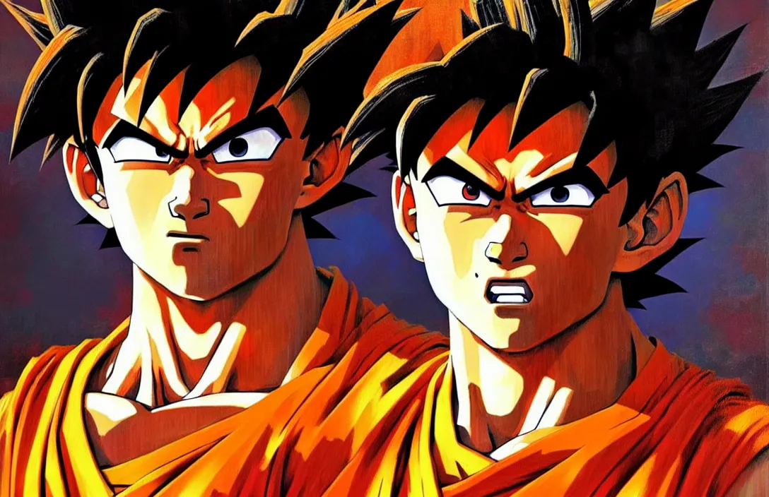 Image similar to portrait of son goku!!!!!!!!!!!!!!!!!!!!!!!!!!!, detailed face, detailed painting,, epic lighting, by ilya repin, phil hale and kent williams