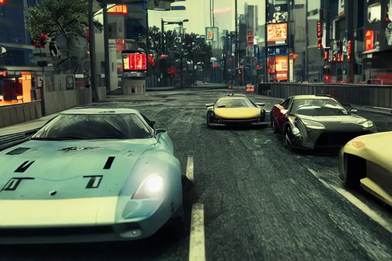 Image similar to tokyo drift fast and furious film still, racing on wet city street, gta 5, hyper detailed, forza, smooth, need for speed, high contrast, volumetric lighting, octane, george miller, jim lee, comic book, ridley scott