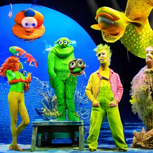 Image similar to a cast of aquatic puppets based on real fish and aiming to bring awareness to ocean and oil pollution, in the style of muppets, in an aquarium, lighting and character design from spongebob the musical on broadway, real, photograph, cinematic