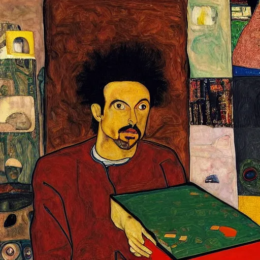 Image similar to Moodymann browsing a crate of records, oil on canvas, by Egon Schiele