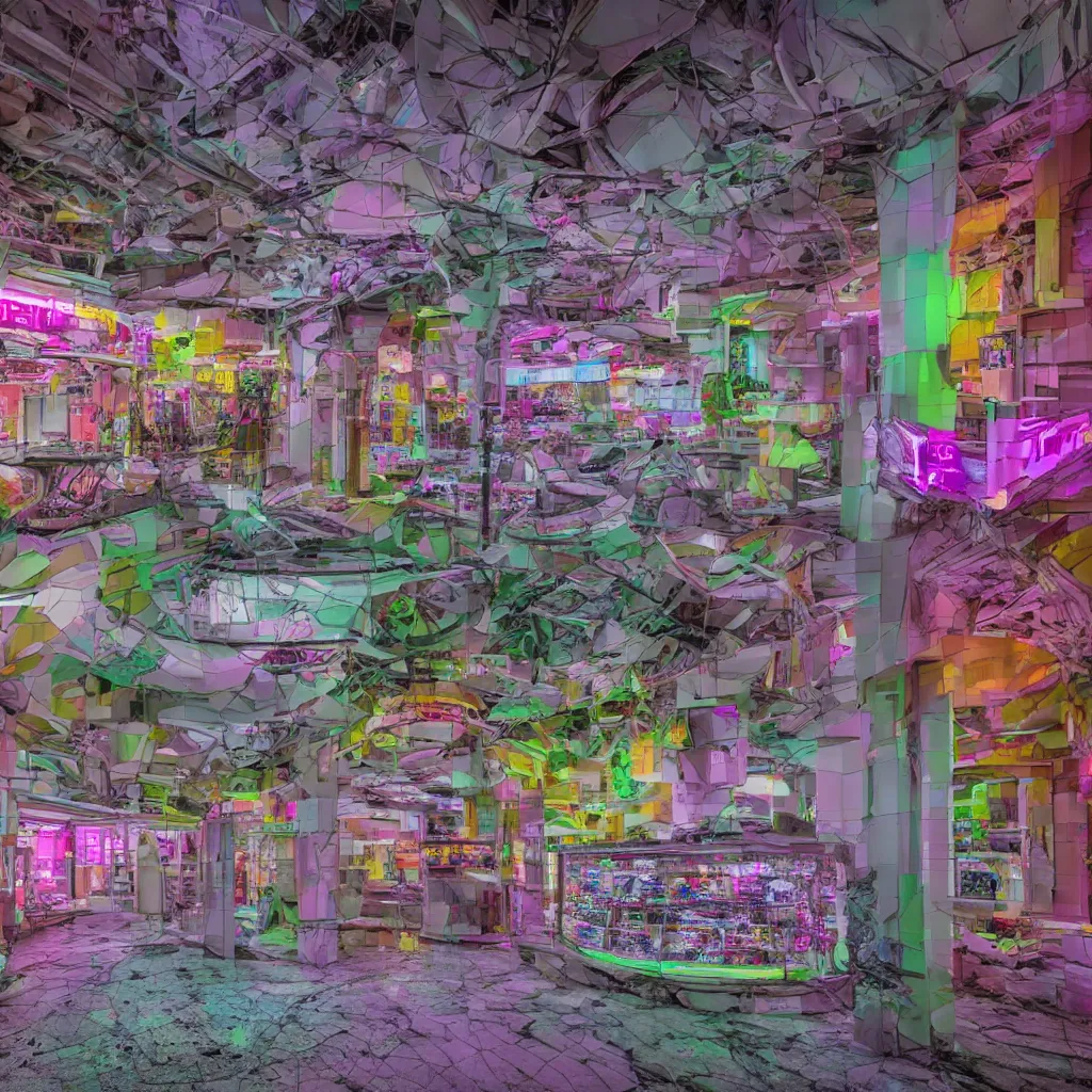 Prompt: architecture, futuristic, neon, pastel colors, hd 8 k, digital design, detailed, abandoned, overgrown, candy shop in a mall, candies