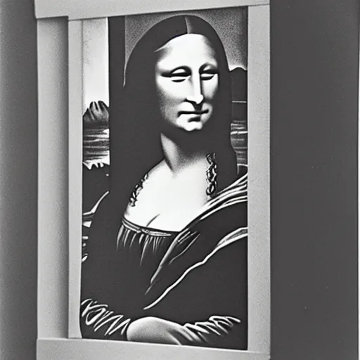 Image similar to Mona Lisa watching over ancient machines, 35mm found footage, occult underexposed photography by Edward Weston