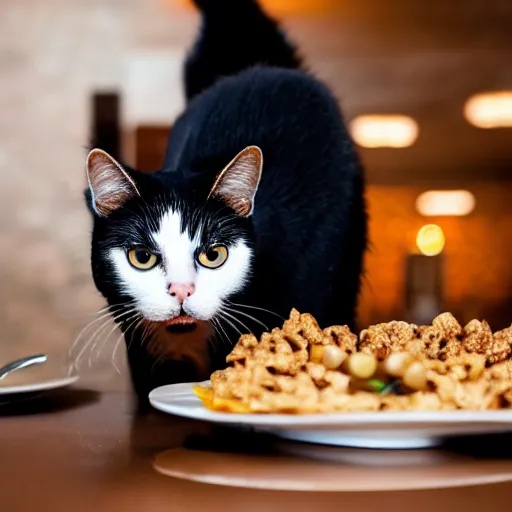 Prompt: cat in a suit eating a plate of cat food at a fancy restaurant