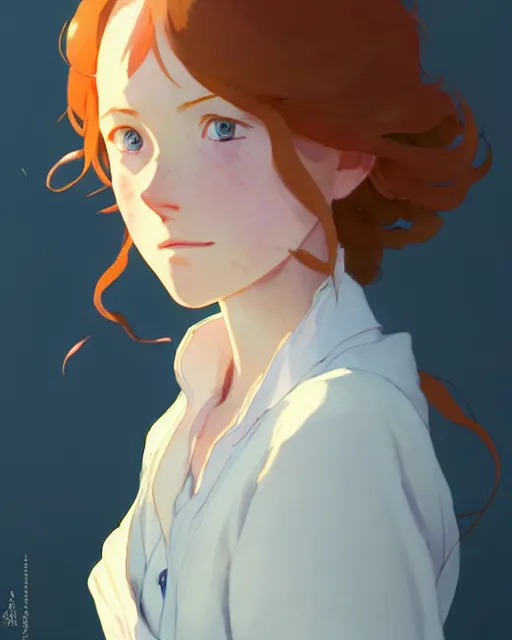 Image similar to young southern woman, freckle, ginger hair, sad cerulean eyes, simple cream dress, detailed perfect face, exquisite details, fire magic, mid view, design on a white background, by studio muti, greg rutkowski makoto shinkai takashi takeuchi studio ghibli