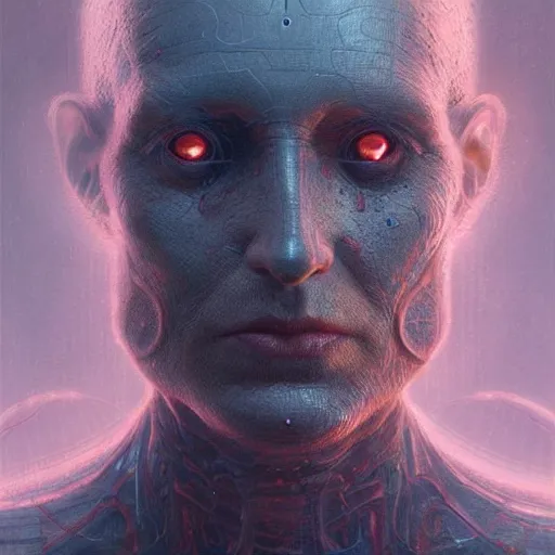 Image similar to centered front face portrait art illustration of an ultradetailed evil metaverse cyborg made of neuronal networks, by greg rutkowski and Zdzisław Beksiński, photorealistic, 8k, intricate, futuristic, dramatic light, trending on cg society