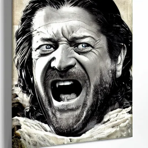 Image similar to ned stark screaming in winterfell by norman rockwell