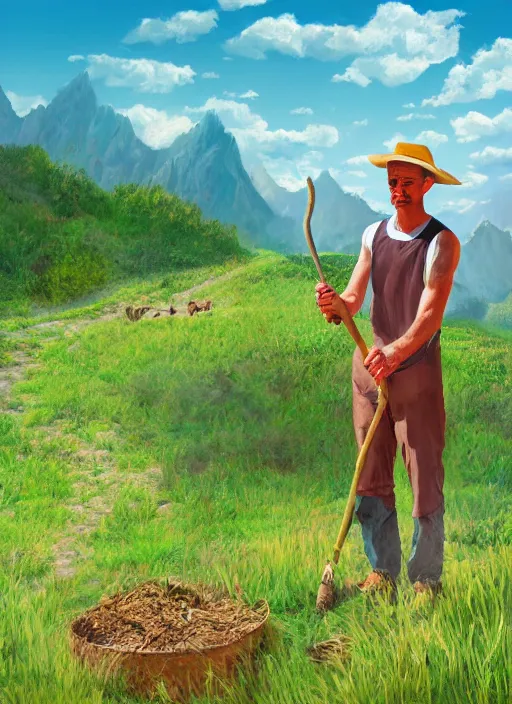 Image similar to digital portrait of a person looking like aleksandr lukanhesko cultivating weed in mountains, hot sun, photo realism