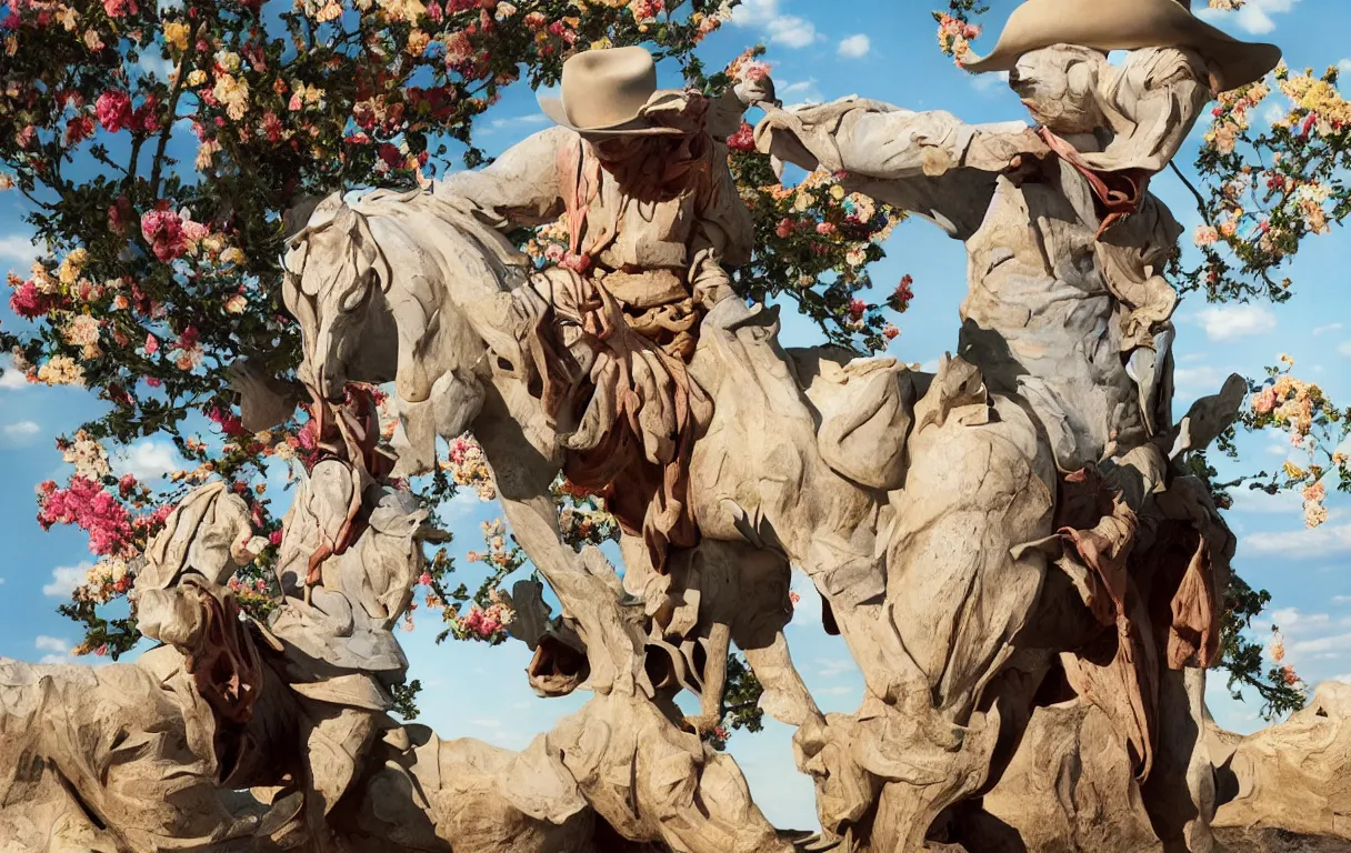 Prompt: a cowboy turning into blooms by slim aarons, by zhang kechun, by lynda benglis. tropical sea slugs, angular sharp tractor tires. complementary bold colors. photo of a manly cowboy. warm soft volumetric dramatic light. national geographic. 8 k, rendered in octane, smooth gradients. angular sculpture by antonio canova by gian lorenzo bernini.