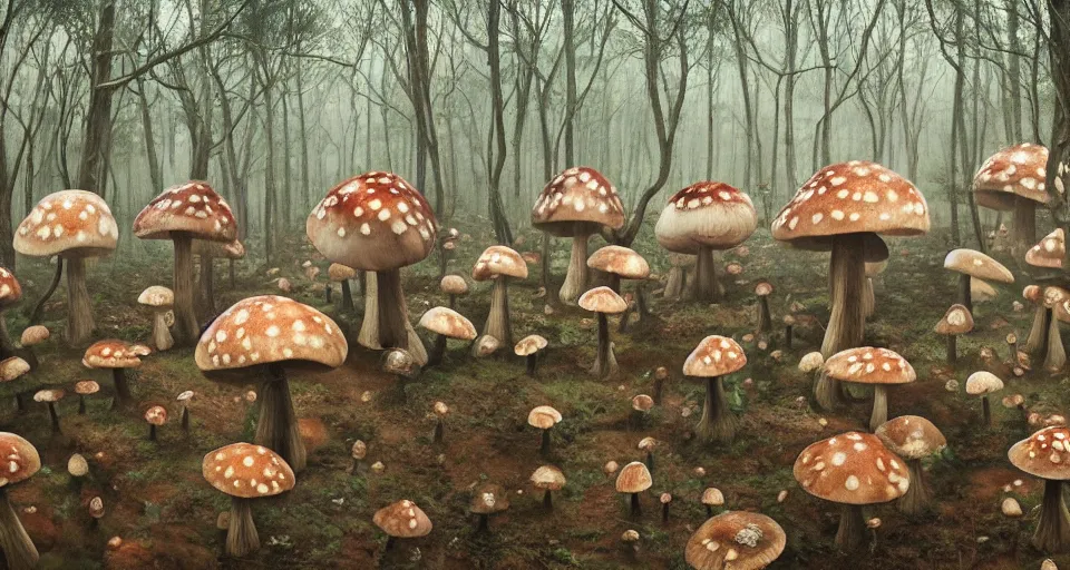 Prompt: A tribal village in a forest of giant mushrooms, by Alyssa Monks