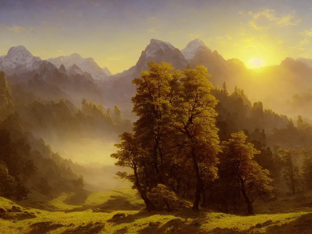 Image similar to epic landscape with rolling hills, groups of old trees with flower meadows and misty mountains with snowy tops in the far background in the light of a beautifyl sunrise by alexandre calame and bob ross, godrays, golden ratio, velvia 5 0, large format camera, artstation, vray render