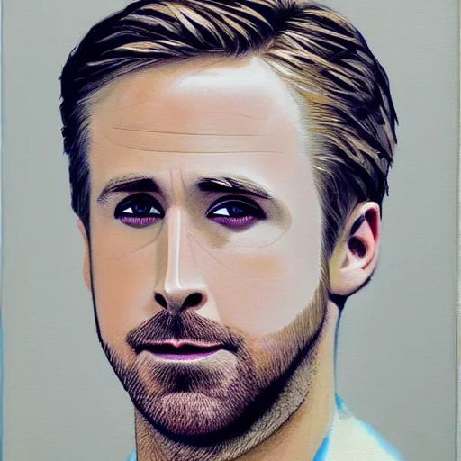 Image similar to ryan gosling portrait in detail in oil using block colour by james jean,