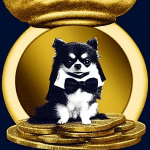 Image similar to A pomeranian wearing a top-hat and a monocle, sitting on top of a large pile of gold coins