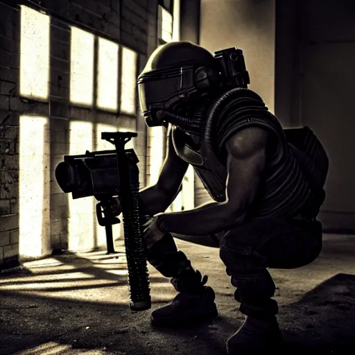 Prompt: full body, slav squat mercenary with tactical chest armor from the movie aliens taking a smoke break, tank top, oily skin, relaxed in a dark industrial hallway, cine still from the movie aliens, single source dramatic lighting, whispy smoke