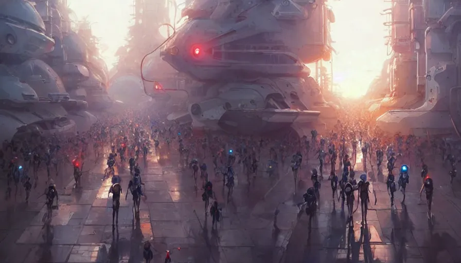 Image similar to marathon with running robots and people, studio ghibli yoshiyuki sadamoto artgerm greg rutkowski makoto shinkai, artstation