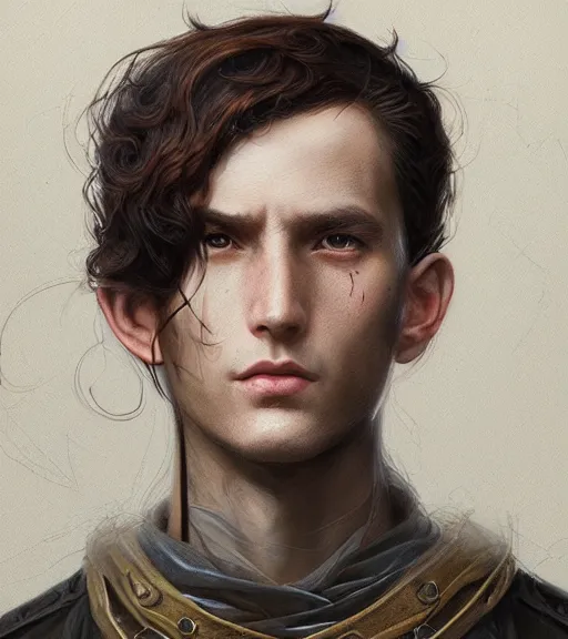 Image similar to portrait of male ranger, WLOP, James Jean, tom bagshaw, rococo, trending on artstation, glossy eyes, face, fantasy, intricate, elegant, highly detailed, digital painting, concept art, smooth, sharp focus, illustration, cinematic lighting, hyper realism, octane render, 8k, hyper detailed.