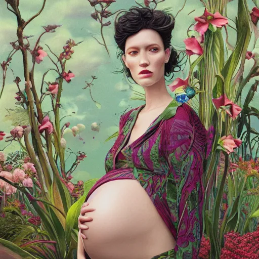 Image similar to pretty pregnant model with botanical : : by martine johanna and simon stalenhag and chie yoshii and casey weldon and wlop : : ornate, dynamic, particulate, rich colors, intricate, elegant, highly detailed, vogue, harper's bazaar art, fashion magazine, smooth, sharp focus, 8 k, octane render