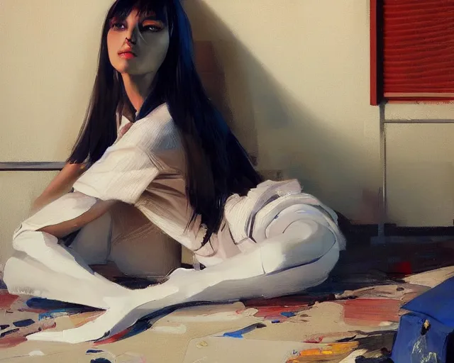 Prompt: A ultradetailed beautiful portrait panting of a stylish woman sitting on the ground of a messy apartment, Oil painting, by Ilya Kuvshinov, Greg Rutkowski and Makoto Shinkai