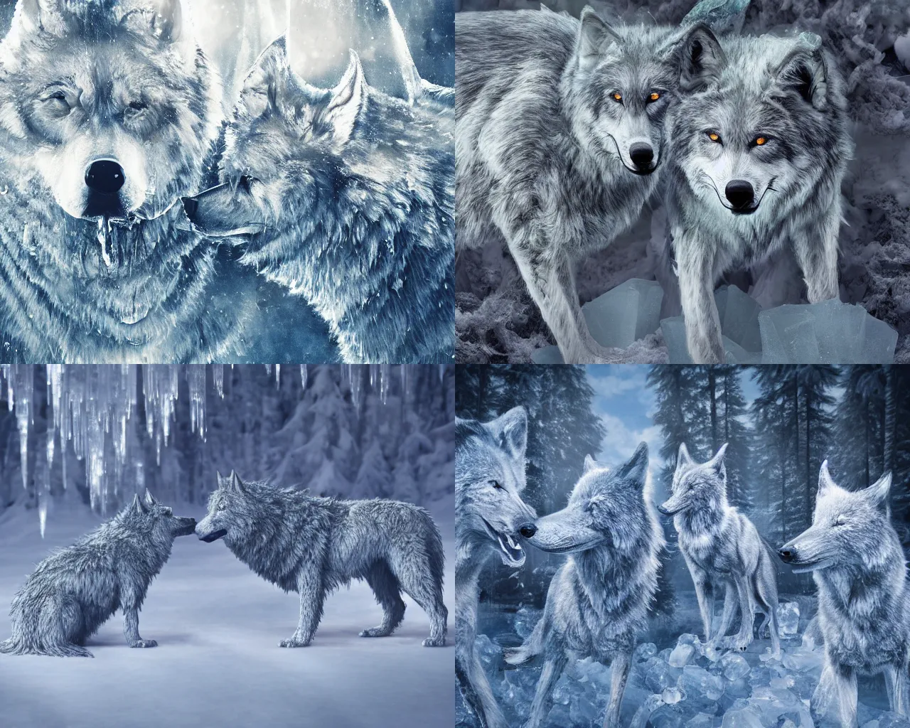 Prompt: surreal art wolves made of crystal breathing out ice, 8 k, reflective