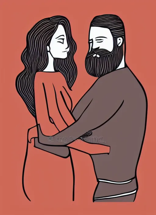 Prompt: Continuous one line drawing. Minimalist couple woman with curly hair hugging man with beard. Vector illustration