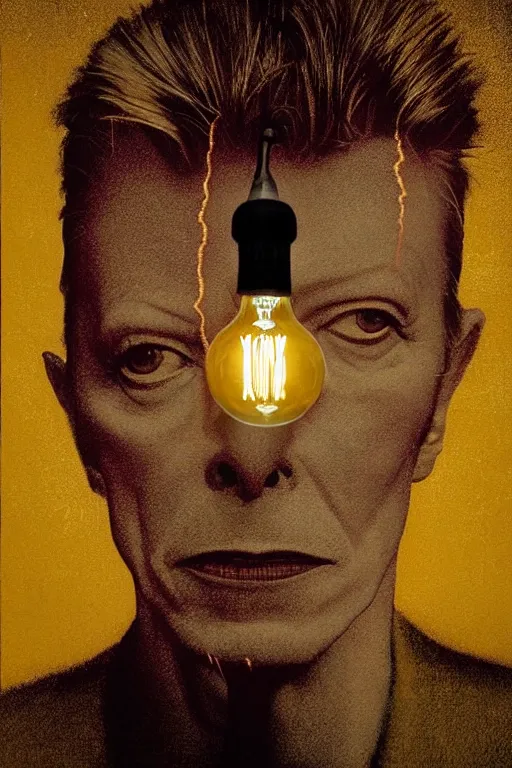 Image similar to portrait of david bowie's head inside an upside down light bulb, kintsugi, modern fine art, fractal, intricate, elegant, highly detailed, digital photography, subsurface scattering, by banksy and basquiat and greg rutkowski,