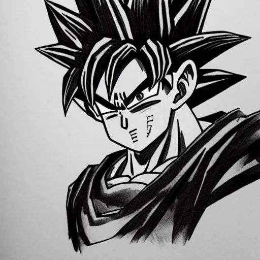 Image similar to Goku by Kentaro Miura, black and white paper sketch, dark fantasy,